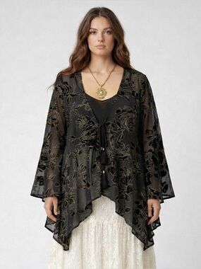 La Vanya Woman Kimono 3X Black Gold Meltallic Sheer Whimisgoth Fairy Top